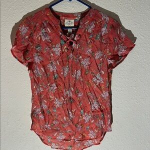 St. John's Bay Pink and Red Puff Sleeve Blouse with Tie Front